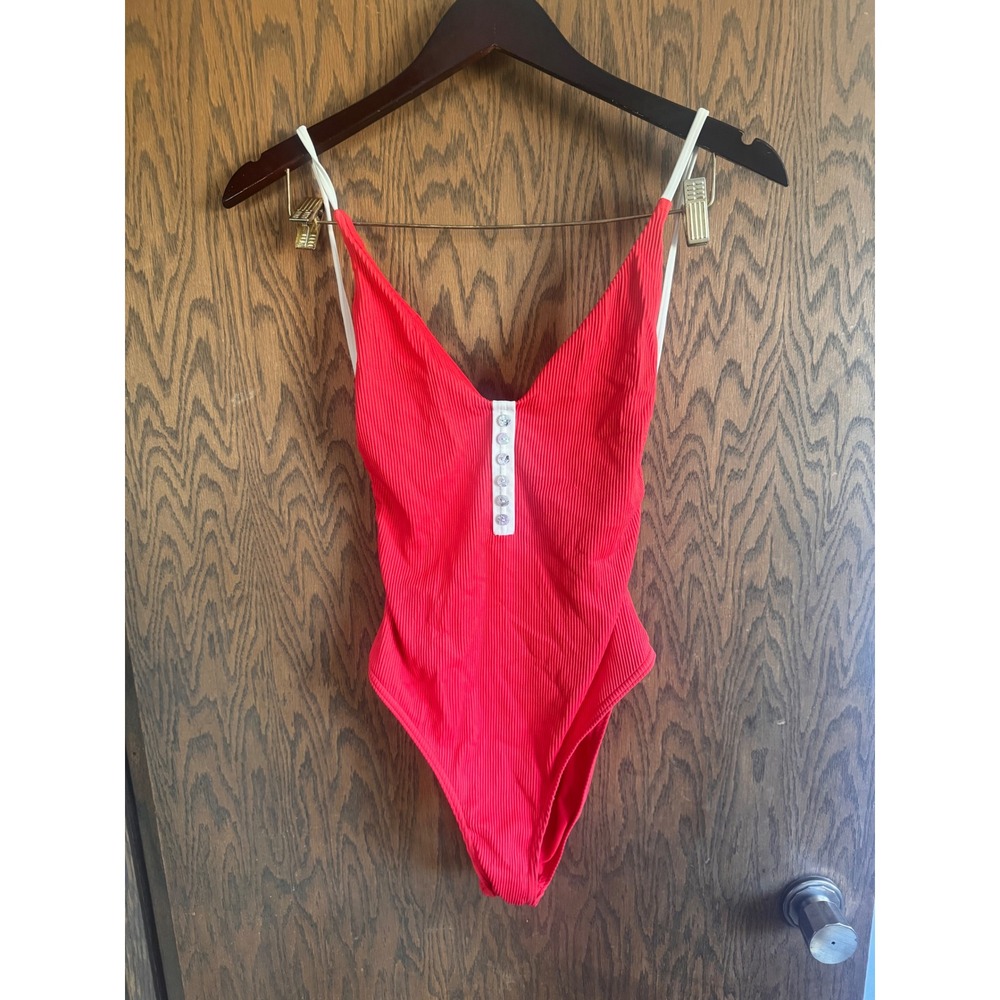 Topshop Womens Red Ribbed One Piece Swimsuit Button Front Low Back US 8